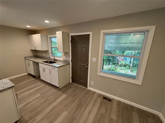 2489 Hillside Dr, Macon, GA 31206 - kitchen featuring a sink, baseboards, white cabinetry, wood finished floors, and recessed lighting