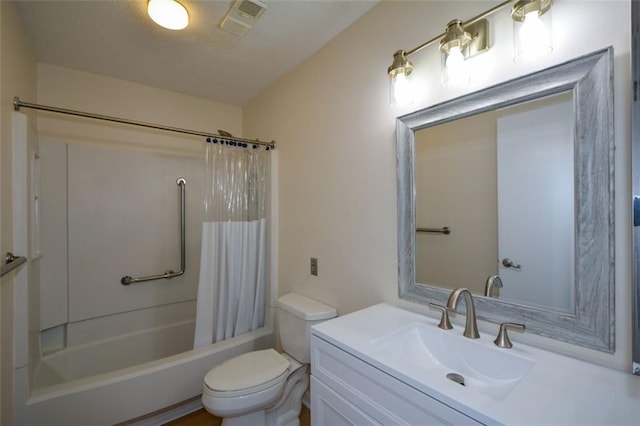 full bathroom featuring vanity, toilet, and shower / bathtub combination with curtain