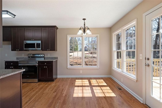 kitchen featuring stainless steel appliances, dark brown cabinetry, plenty of natural light, and light wood finished floors