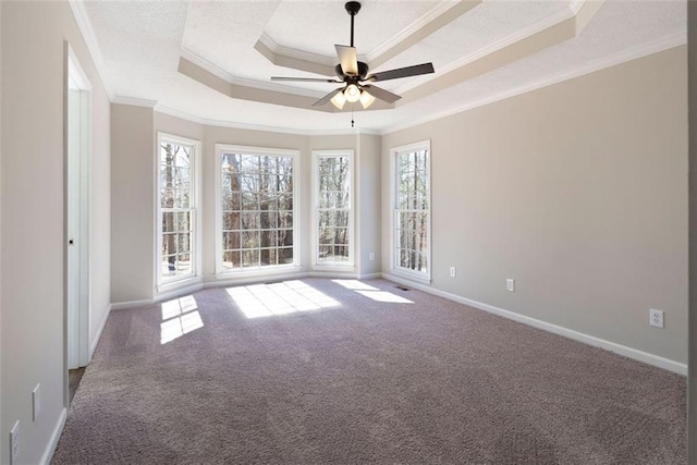 spare room featuring a tray ceiling, carpet flooring, ceiling fan, a textured ceiling, and baseboards