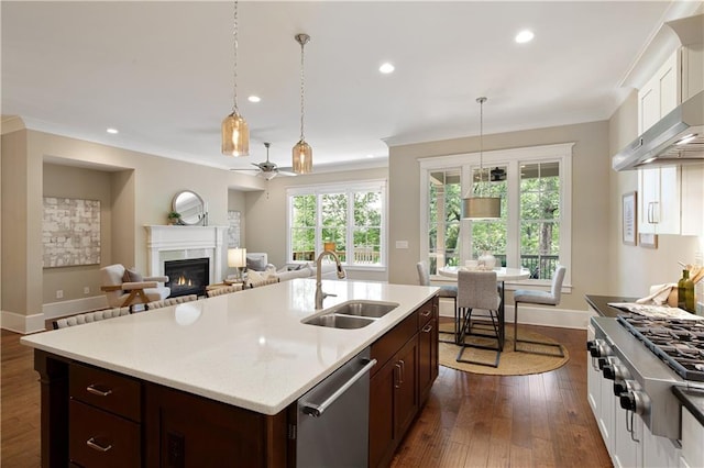 385 Windy Pines Trl, Roswell, GA 30075 - kitchen featuring a sink, stainless steel appliances, a high end fireplace, wall chimney range hood, and light countertops