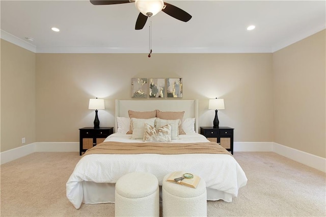 385 Windy Pines Trl, Roswell, GA 30075 - bedroom with carpet flooring, crown molding, recessed lighting, baseboards, and a ceiling fan
