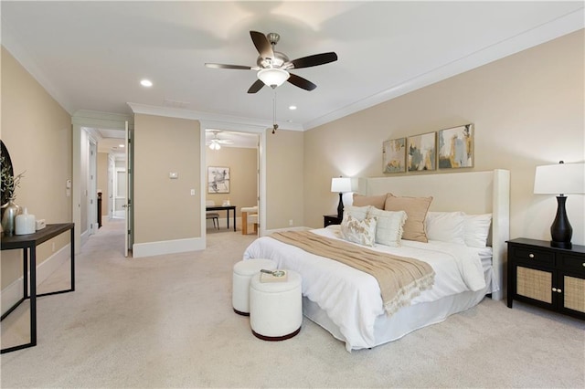 385 Windy Pines Trl, Roswell, GA 30075 - bedroom with light colored carpet, ornamental molding, recessed lighting, a ceiling fan, and baseboards