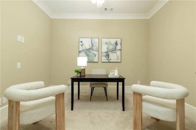 385 Windy Pines Trl, Roswell, GA 30075 - office area featuring light colored carpet, crown molding, baseboards, and a ceiling fan
