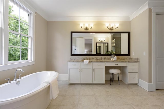 385 Windy Pines Trl, Roswell, GA 30075 - full bathroom with a freestanding bath, vanity, a chandelier, tile patterned floors, and baseboards