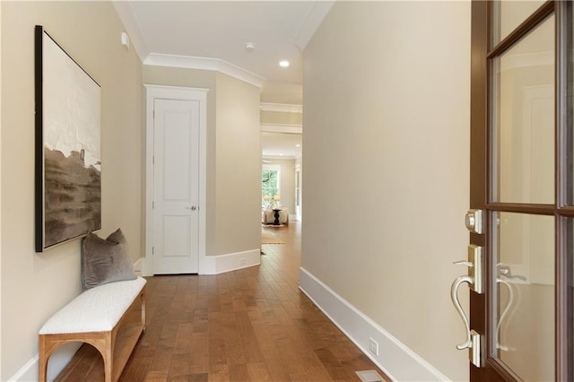 385 Windy Pines Trl, Roswell, GA 30075 - hallway with baseboards, wood finished floors, ornamental molding, and recessed lighting