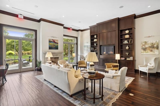 living room with french doors, crown molding, and dark wood-type flooring