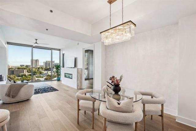 interior space featuring ceiling fan with notable chandelier, light hardwood / wood-style floors, and expansive windows