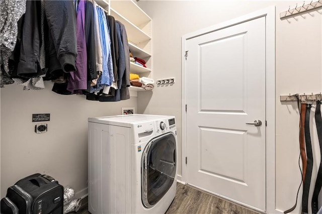 400 W Peachtree St NW Unit 3614, Atlanta, GA 30308 - washroom with dark wood-style flooring, laundry area, and washer / clothes dryer