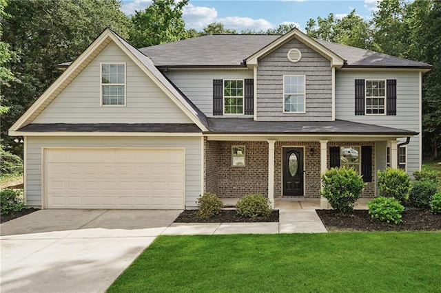 56 Sugar Leaf Ln, Jefferson, GA 30549 - traditional-style house with concrete driveway, a front yard, covered porch, brick siding, and a garage
