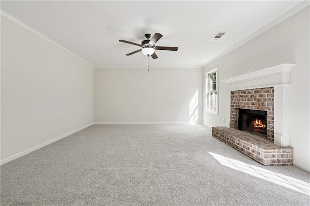 56 Sugar Leaf Ln, Jefferson, GA 30549 - unfurnished living room with a ceiling fan, ornamental molding, a brick fireplace, and carpet flooring