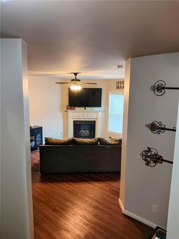 living room with hardwood / wood-style floors and ceiling fan