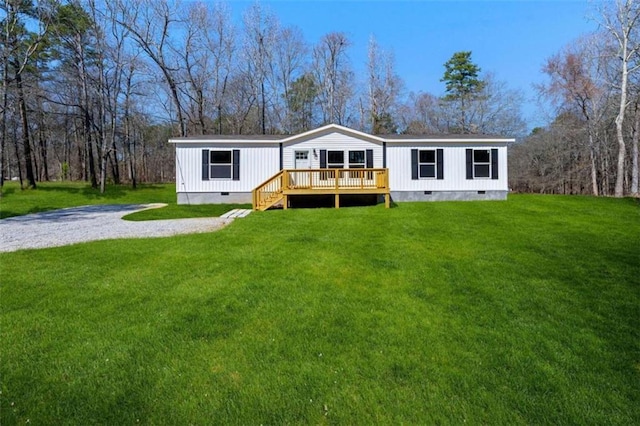 manufactured / mobile home with a deck, a front lawn, and crawl space