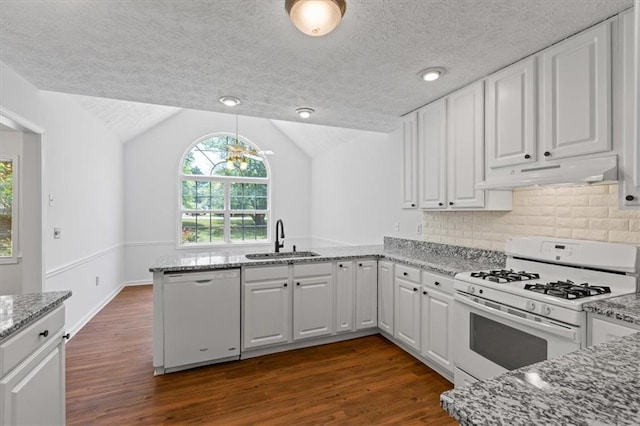 kitchen featuring white appliances, under cabinet range hood, a sink, dark wood-type flooring, and a textured ceiling
