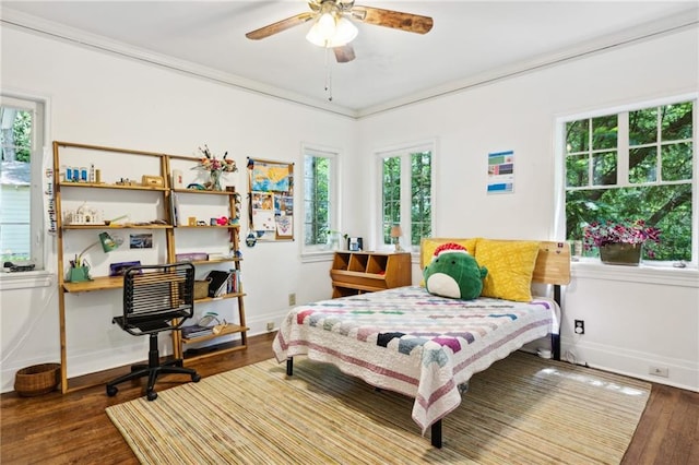 bedroom with dark wood-type flooring, ornamental molding, ceiling fan, and multiple windows