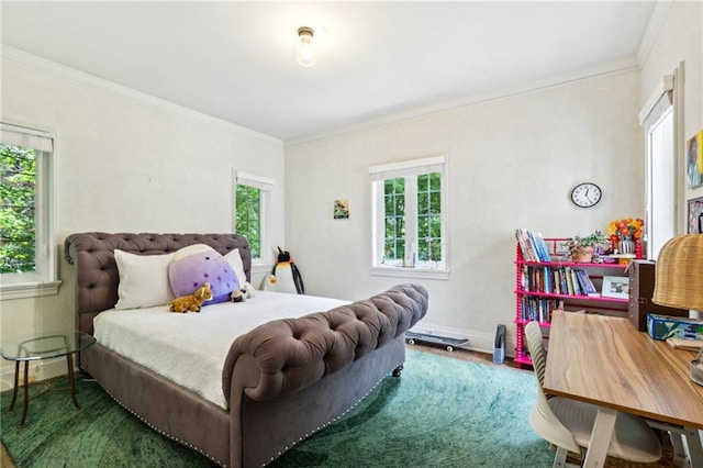 bedroom featuring hardwood / wood-style floors, ornamental molding, and multiple windows