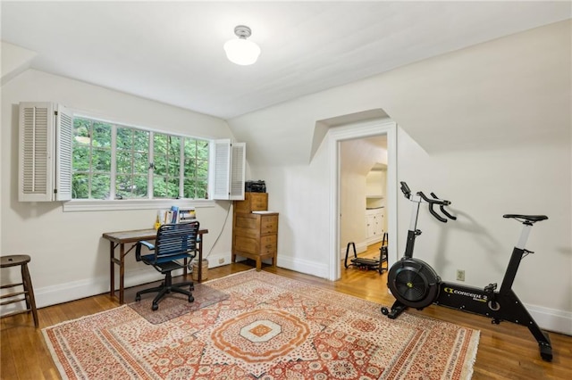 office space with vaulted ceiling and hardwood / wood-style floors