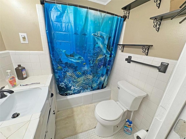 1146 Nelson St, Jackson, GA 30233 - full bath with tile walls, vanity, shower / bath combination with curtain, tile patterned flooring, and a wainscoted wall