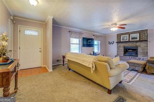 living room with ornamental molding, light colored carpet, and a textured ceiling