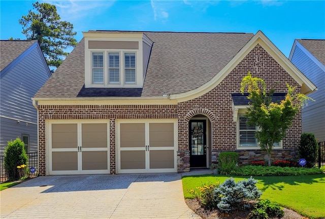 view of front of house featuring a garage and a front lawn