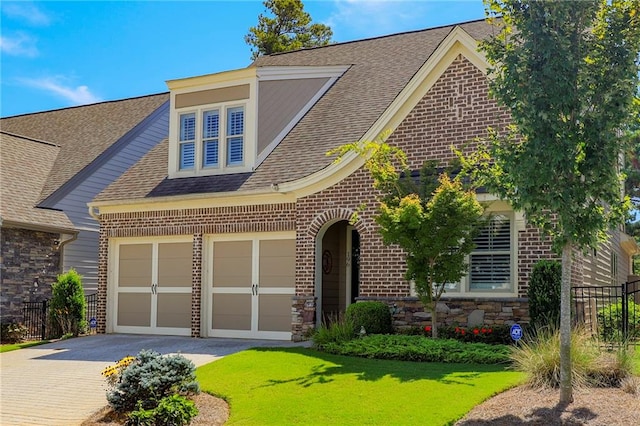 view of front of home with a front yard and a garage