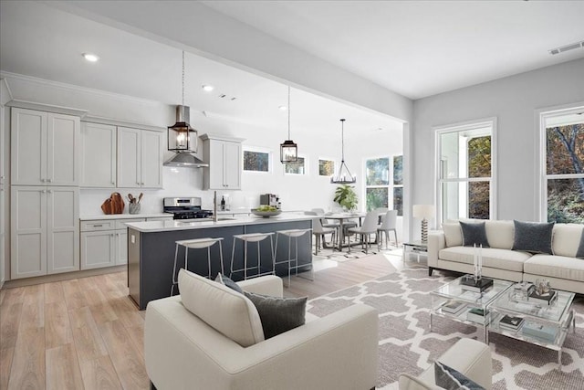 living room with sink, plenty of natural light, light hardwood / wood-style floors, and ornamental molding