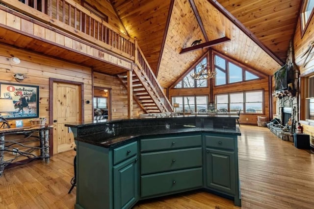 kitchen featuring wooden walls, green cabinetry, light wood-style flooring, wood ceiling, and open floor plan