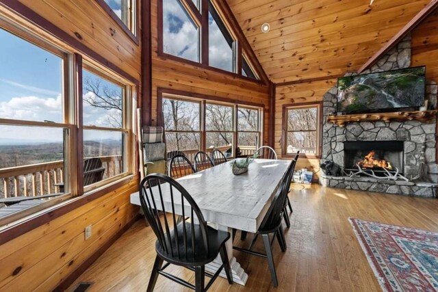 dining space with hardwood / wood-style floors, wood ceiling, a fireplace, and wood walls