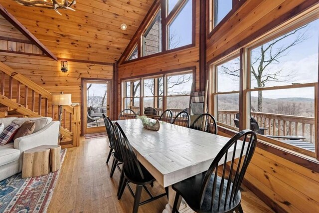 dining room with high vaulted ceiling, stairway, wood-type flooring, wooden walls, and wood ceiling