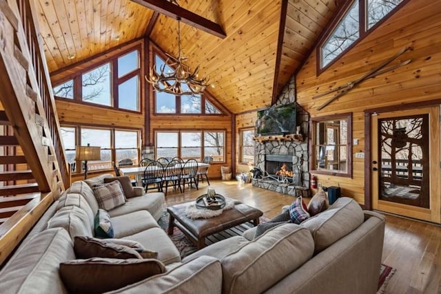 living area with a chandelier, wood walls, wooden ceiling, and wood-type flooring