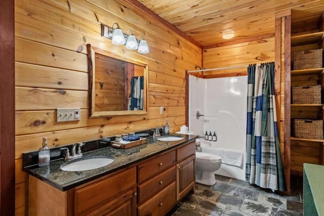 bathroom featuring wood walls, wooden ceiling, and a sink