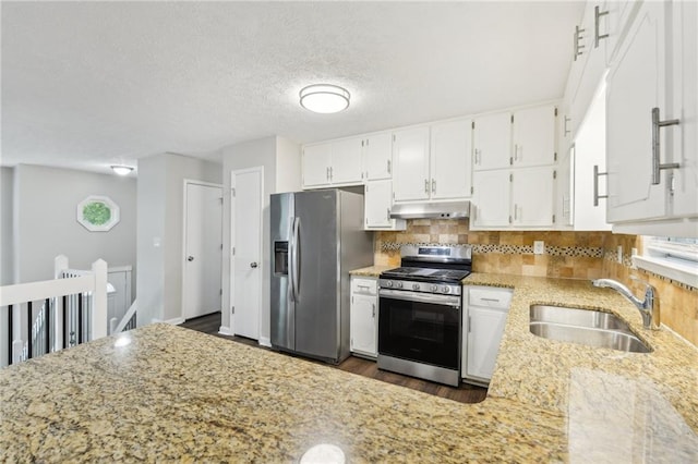 2920 Cushing Ct, Jonesboro, GA 30236 - kitchen with appliances with stainless steel finishes, a sink, under cabinet range hood, light stone countertops, and white cabinetry