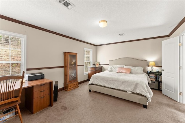 bedroom featuring light carpet, crown molding, and visible vents