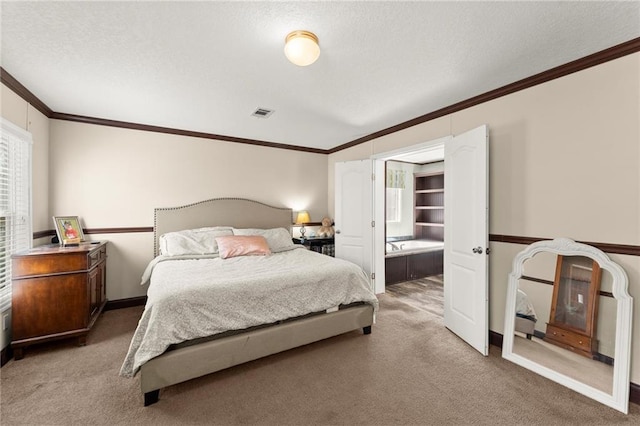 carpeted bedroom featuring ornamental molding, visible vents, a textured ceiling, and baseboards