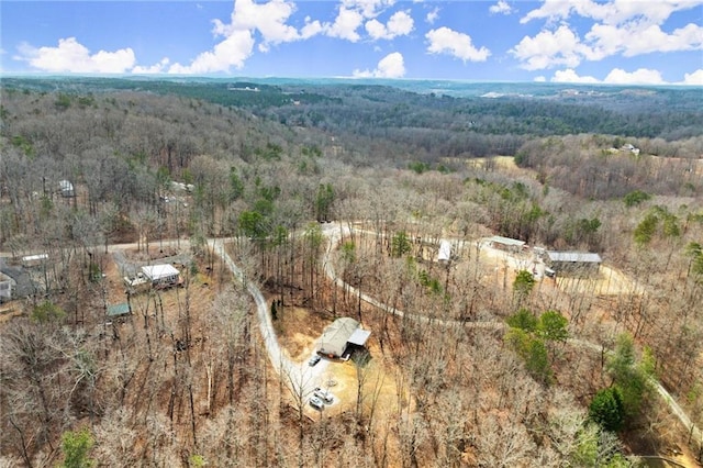 aerial view featuring a wooded view