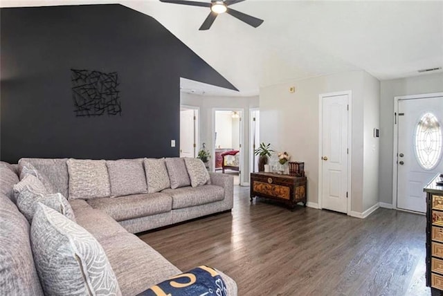 159 Misty Ridge Trl, Stockbridge, GA 30281 - living area with ceiling fan, wood finished floors, lofted ceiling, and baseboards