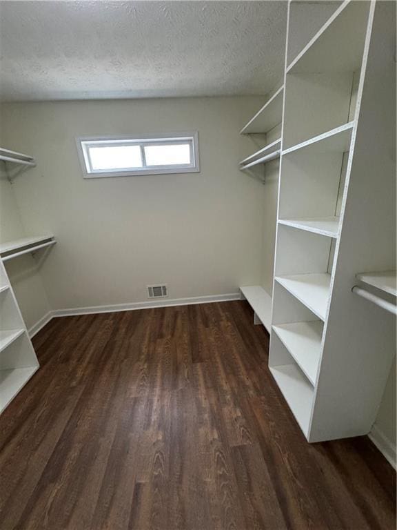 walk in closet with dark hardwood / wood-style flooring