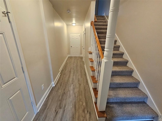 stairway with hardwood / wood-style flooring