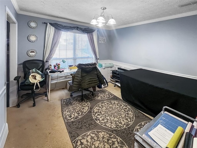 office space featuring ornamental molding, visible vents, light carpet, and a textured ceiling