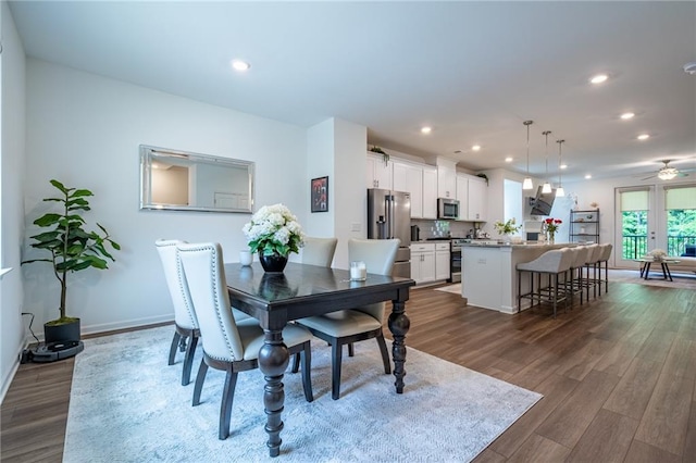 3518 Mount Blue Ave, Tucker, GA 30084 - dining room featuring dark wood-type flooring, recessed lighting, baseboards, and ceiling fan