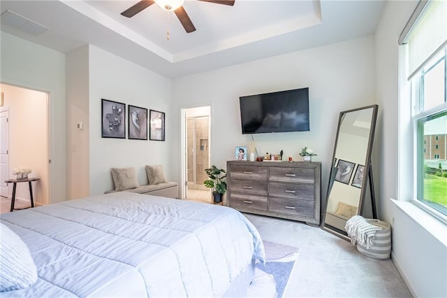 3518 Mount Blue Ave, Tucker, GA 30084 - bedroom featuring light carpet, a tray ceiling, ceiling fan, and ensuite bathroom