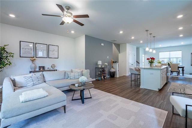 3518 Mount Blue Ave, Tucker, GA 30084 - living room with dark wood-style floors, recessed lighting, ceiling fan, and baseboards
