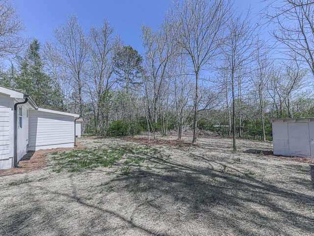 view of yard featuring a storage unit