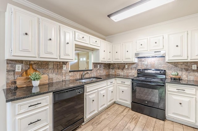 7928 S Giles Rd, Douglasville, GA 30135 - kitchen with black appliances, under cabinet range hood, a sink, crown molding, and white cabinets