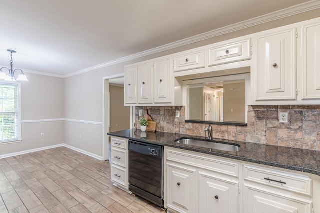 7928 S Giles Rd, Douglasville, GA 30135 - kitchen with black dishwasher, a sink, baseboards, decorative backsplash, and white cabinetry