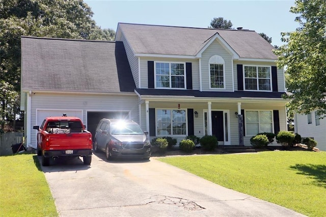 colonial house with a porch, a front yard, and a garage