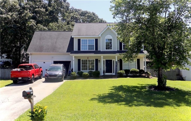 colonial inspired home featuring covered porch, a garage, and a front lawn