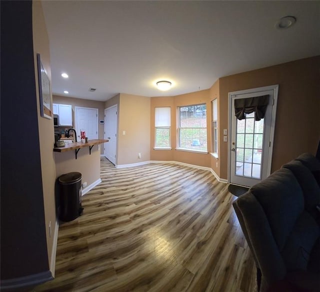 living room featuring dark wood-type flooring and sink