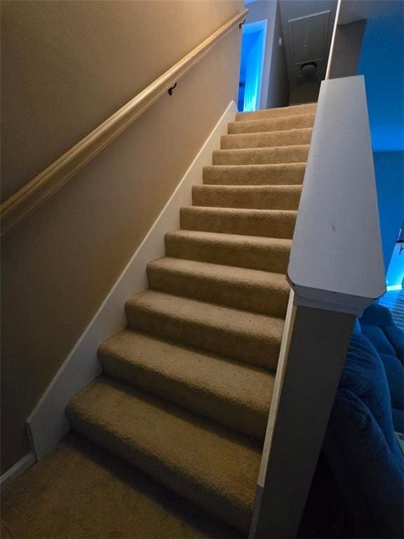 stairway featuring carpet flooring