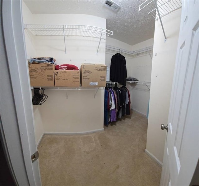 walk in closet with light carpet